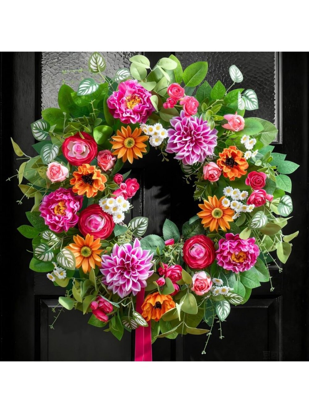 24-Inch Spring Summer Wreath with Dahlia, Peony & Daisy for Front Door Décor